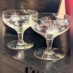 Vintage Glass cut Frosted flower  Champagne stems  Set of 2